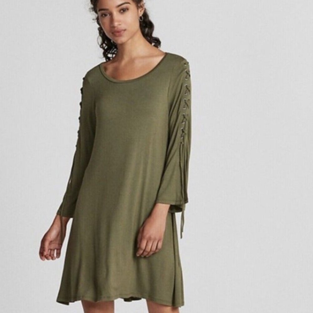 Express Olive Army Green Lace Up Bell Sleeve Flowy Dress Size Small